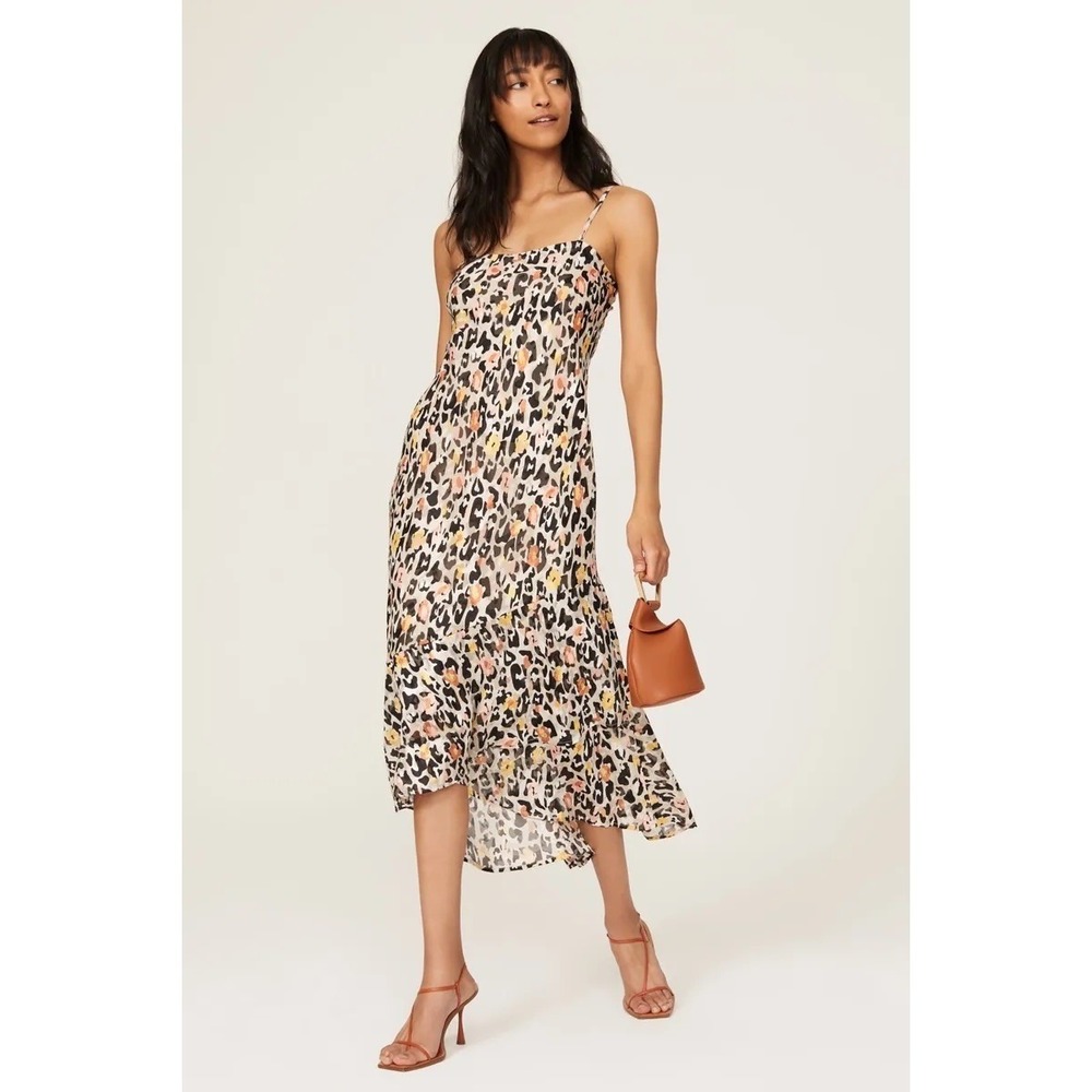 Anthropologie Hutch Animal Print Satin Slip‎ Ruffle Hem Midi Dress Small
